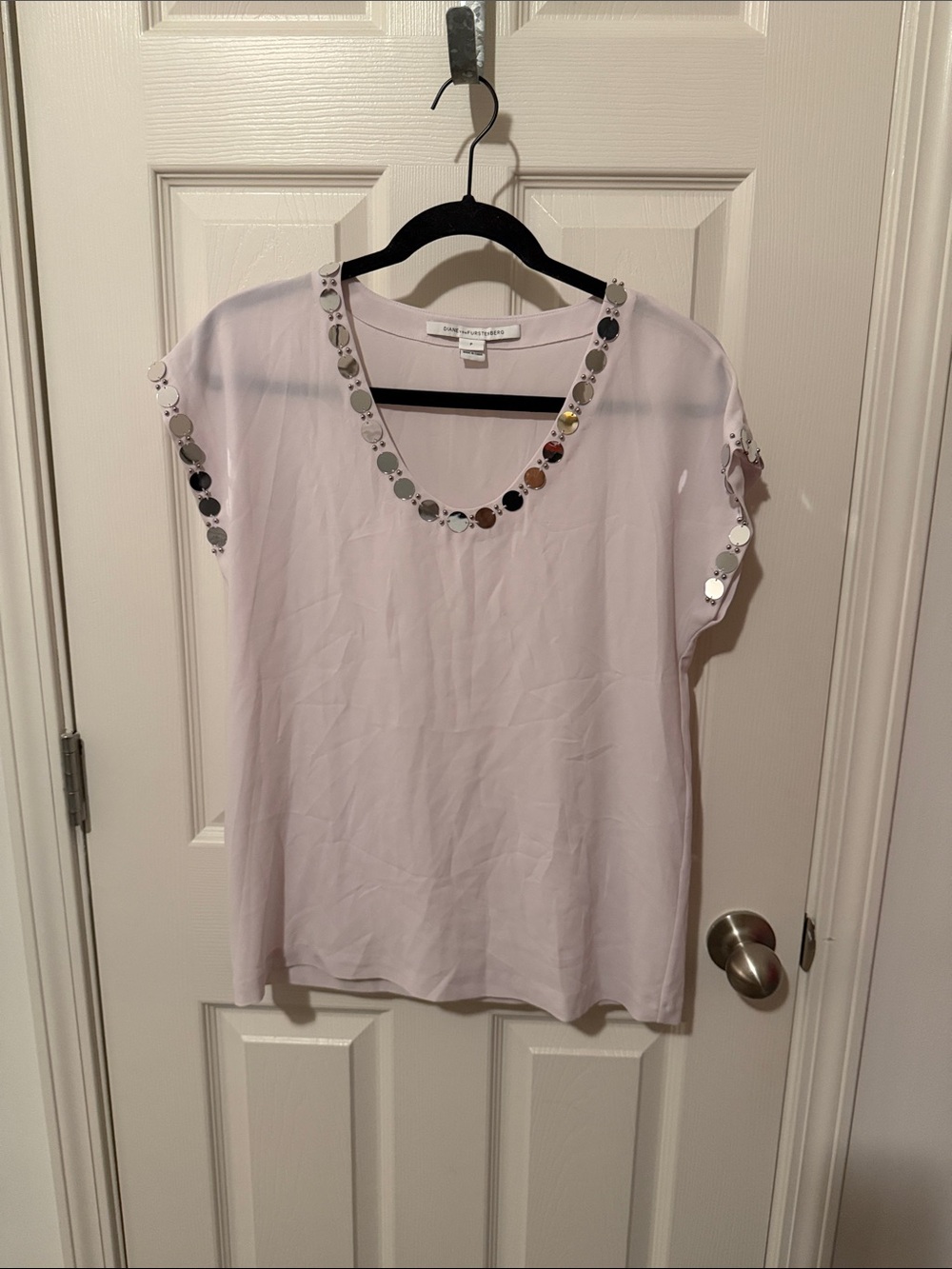 Diane Von Furstenberg Pale Pink V-Neck Top with Mirror Sequin Trim